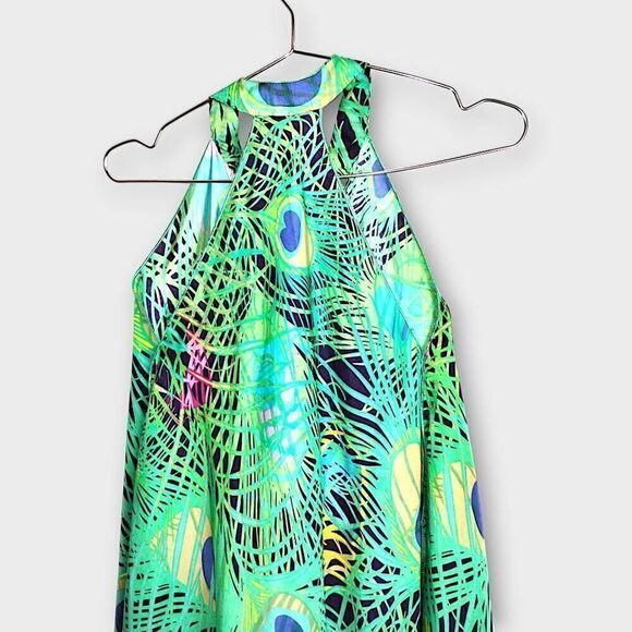 Tunic Womens Dress Sz Large Green Blue Peacock Silk Layers Caftan Boho Swiftie - Picture 13 of 16